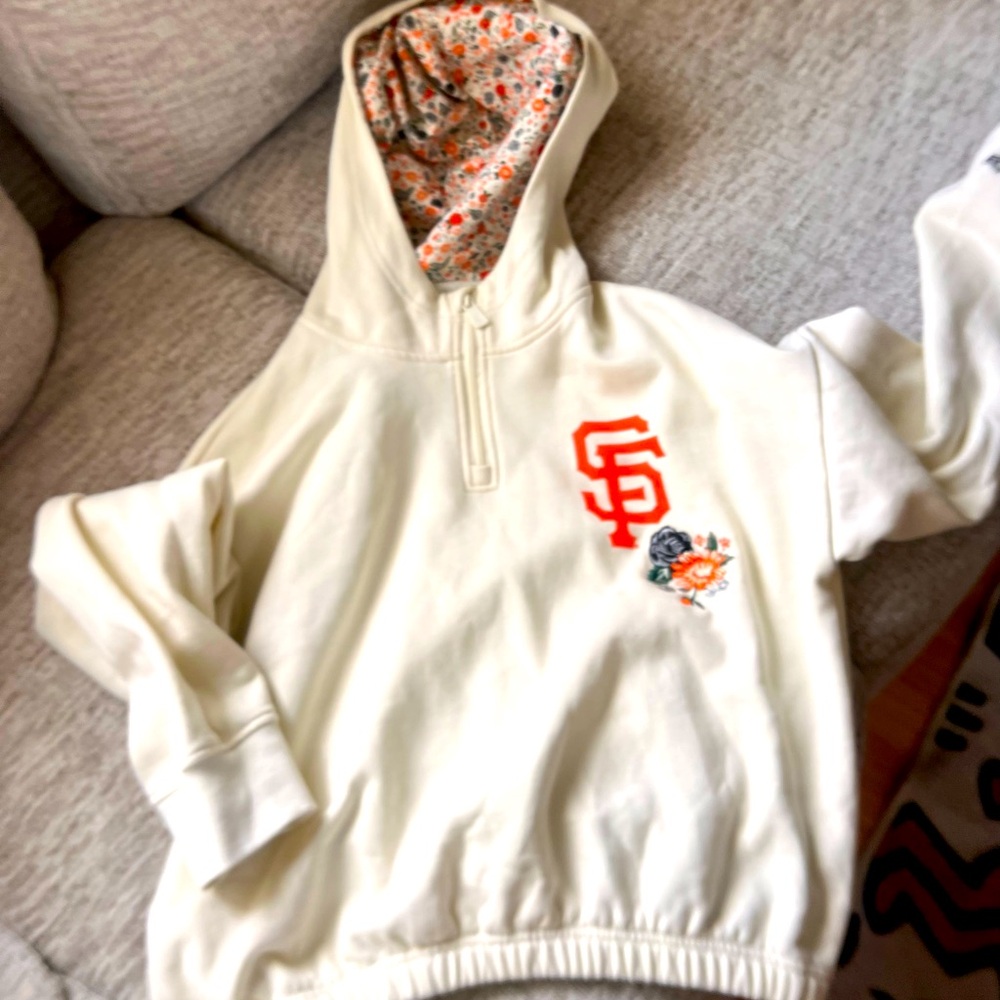 New Era Cream Hoodie with Orange SF Logo and Floral Lining